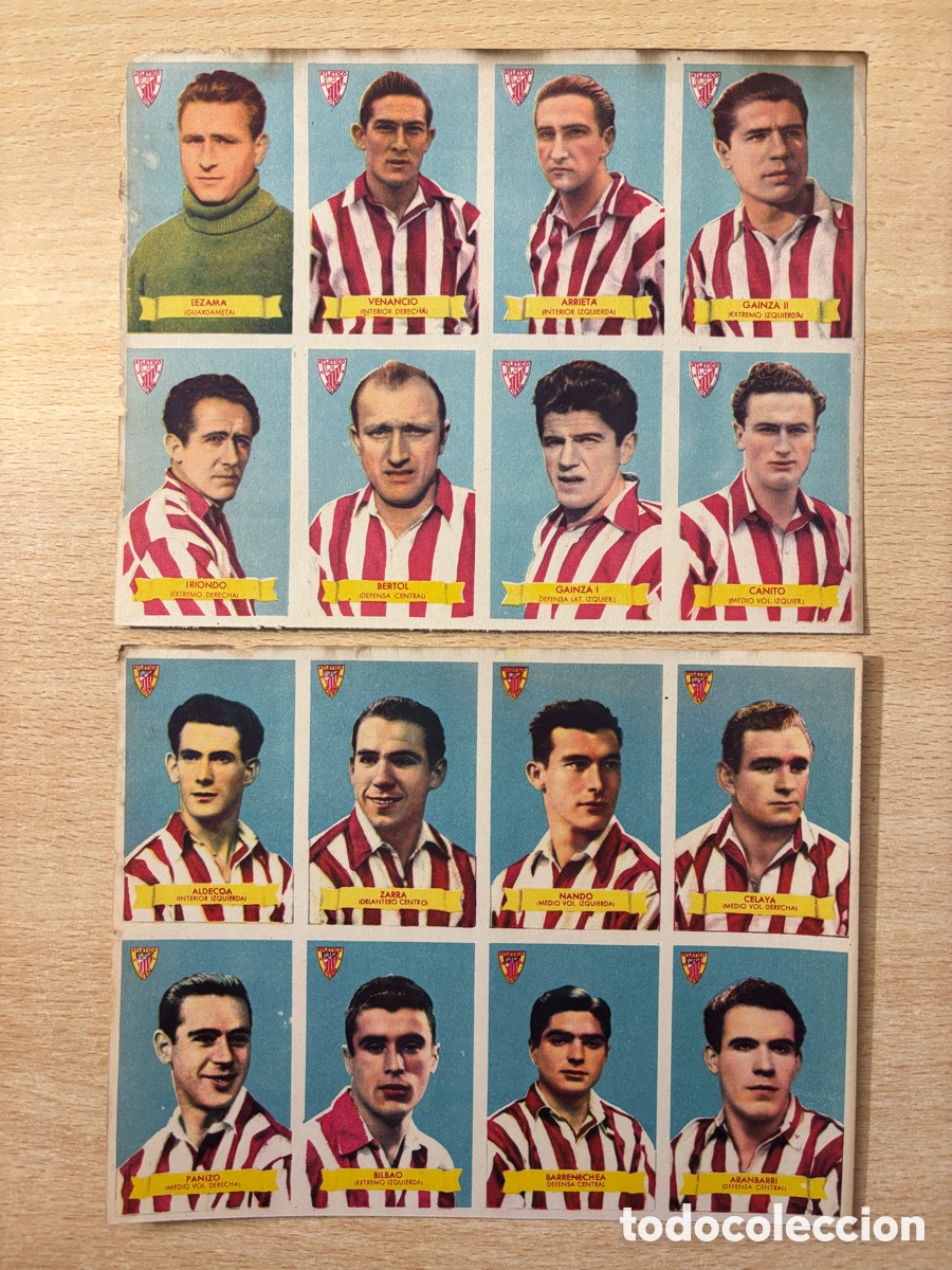 Cromos de F&uacute;tbol: 2 L&aacute;minas con 16 cromos Atl&eacute;tico de Bilbao Ed. Bruguera Campeones 1949-50 sin cortar ni pegar Ath