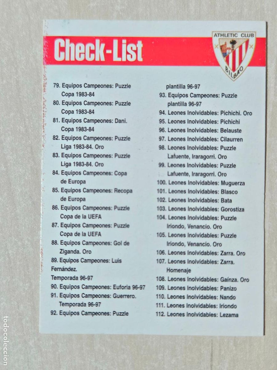 Cromos de F&uacute;tbol: FICHA N&ordm; 249 CHECK LIST - ALBUM COLECCION EL GRAN ATHLETIC CLUB BILBAO 97 98 PANINI