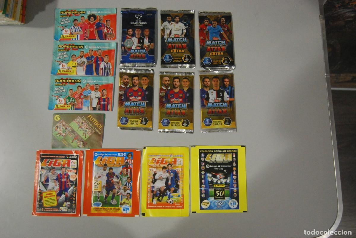 Cromos de F&uacute;tbol: LOTE DE 14 SOBRES DE FUTBOL SIN ABRIR, TODOS DISTINTOS, MENOS UNO (VER FOTOS Y DECRIPCION)