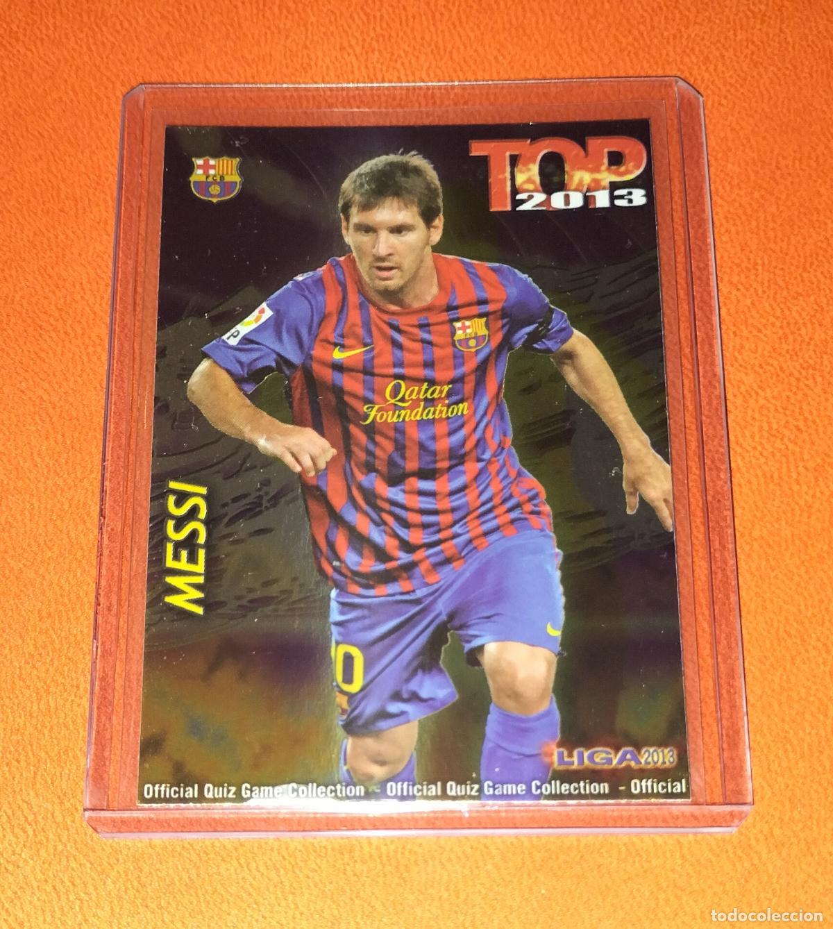 Cromos de F&uacute;tbol: 595 LIONEL MESSI TOP BRILLO LISO MORADO FC BARCELONA CARD MUNDICROMO QUIZ GAME 2012 2013 12 13
