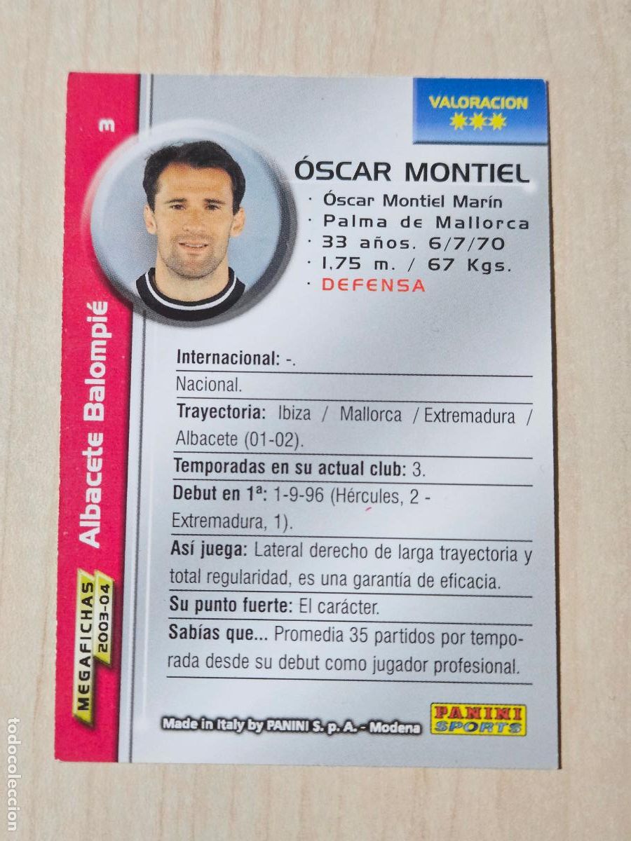 Cromos de F&uacute;tbol: CROMO N&ordm; 3 OSCAR MONTIEL - MEGAFICHAS 2003 04 - ALBACETE