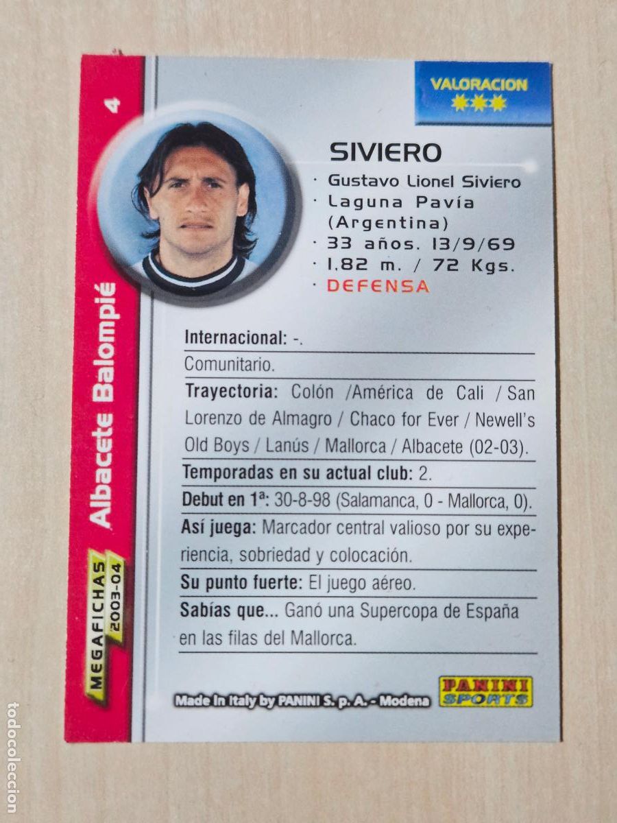 Cromos de F&uacute;tbol: CROMO N&ordm; 4 SIVIERO - MEGAFICHAS 2003 04 - ALBACETE