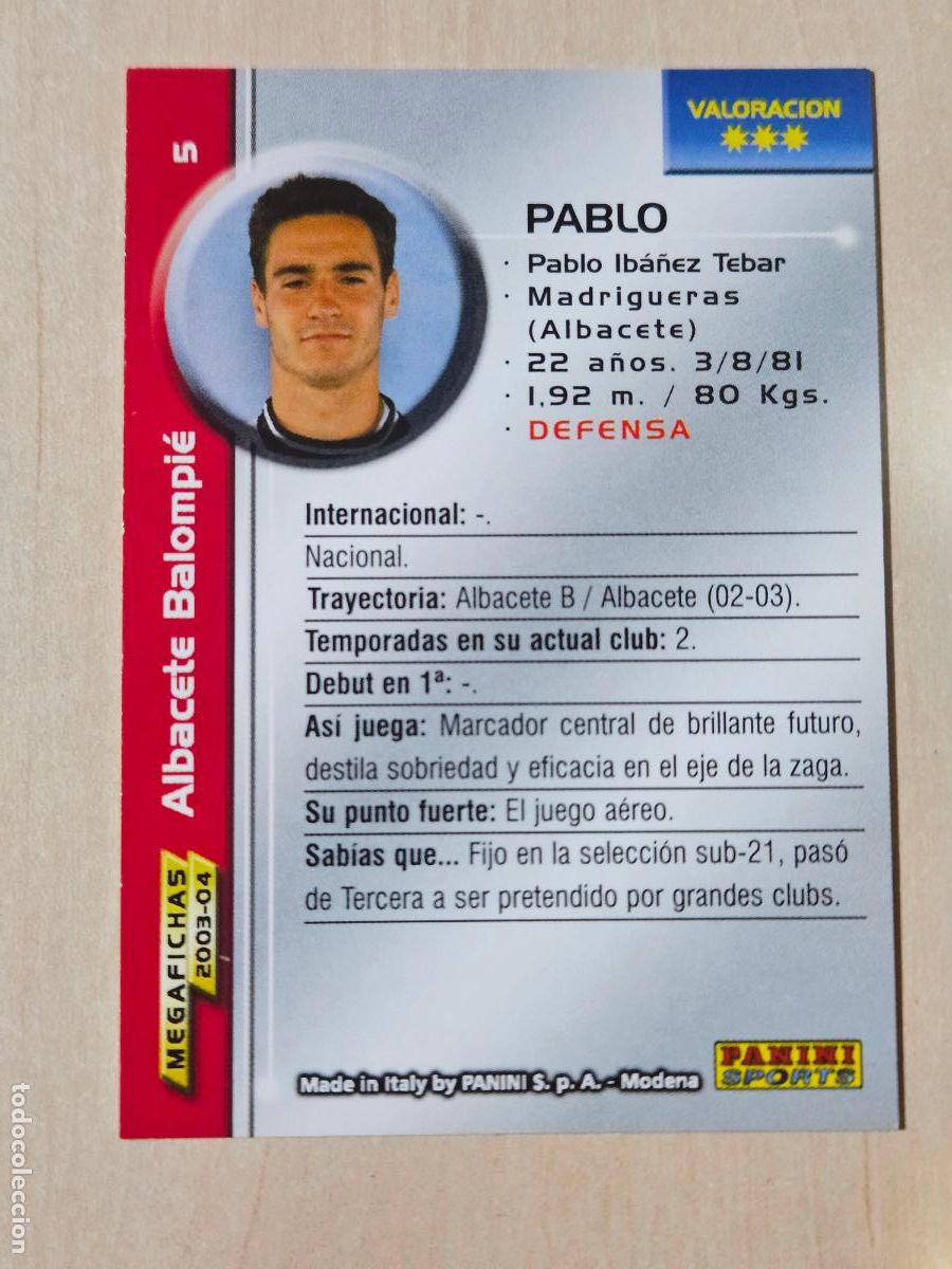 Cromos de F&uacute;tbol: CROMO N&ordm; 5 PABLO - MEGAFICHAS 2003 04 - ALBACETE