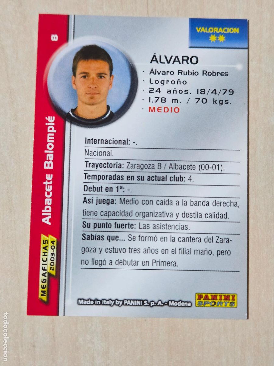 Cromos de F&uacute;tbol: CROMO N&ordm; 8 ALVARO - MEGAFICHAS 2003 04 - ALBACETE