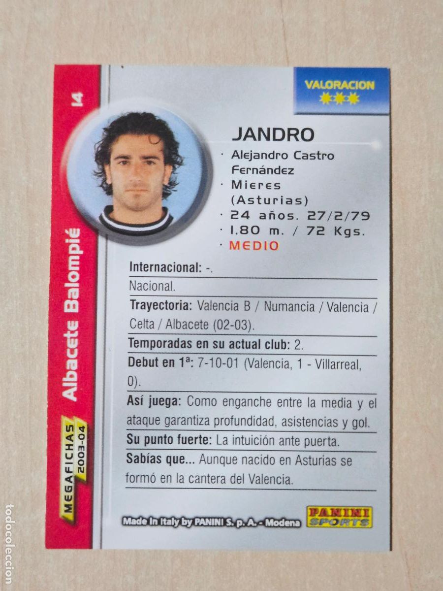 Cartes &agrave; collectionner de Football: CROMO N&ordm; 14 JANDRO - MEGAFICHAS 2003 04 - ALBACETE
