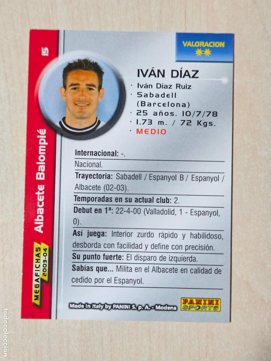 Cartes &agrave; collectionner de Football: CROMO N&ordm; 15 IVAN DIAZ - MEGAFICHAS 2003 04 - ALBACETE