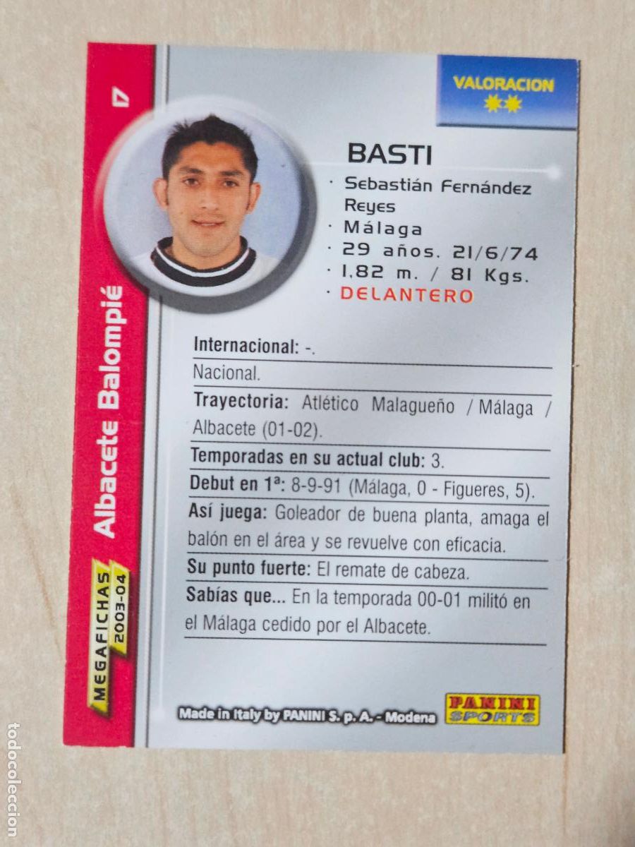 Cartes &agrave; collectionner de Football: CROMO N&ordm; 17 BASTI - MEGAFICHAS 2003 04 - ALBACETE