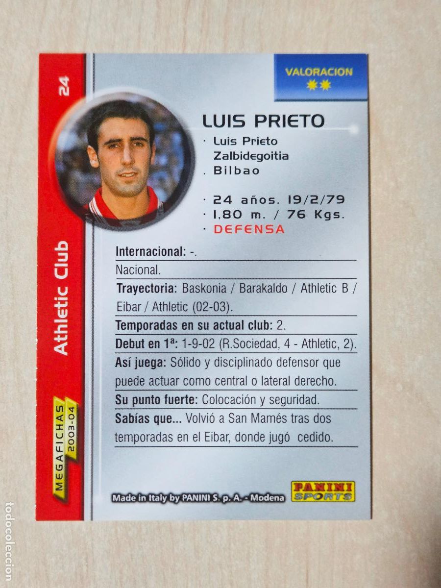 Cartes &agrave; collectionner de Football: CROMO N&ordm; 24 LUIS PRIETO - MEGAFICHAS 2003 04 - ATHLETIC DE BILBAO