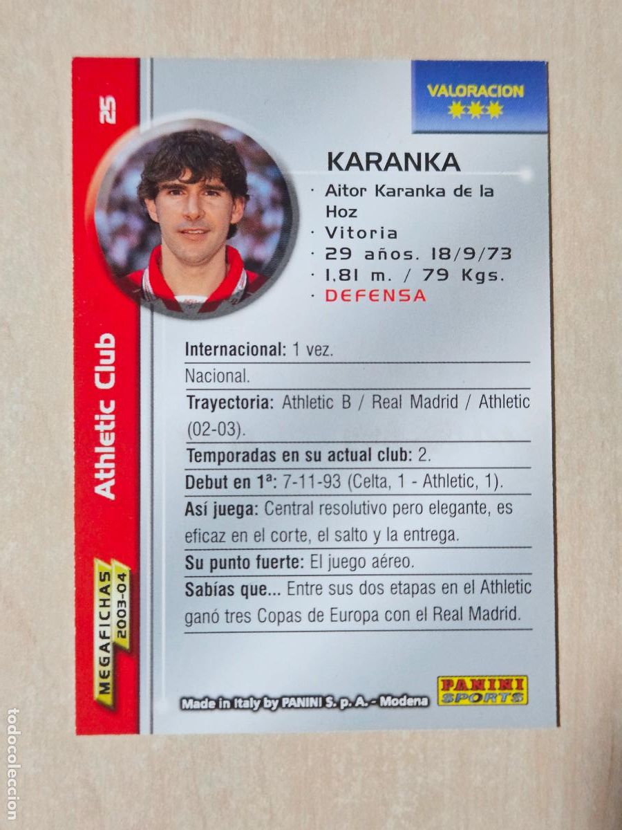 Cartes &agrave; collectionner de Football: CROMO N&ordm; 25 KARANKA - MEGAFICHAS 2003 04 - ATHLETIC DE BILBAO