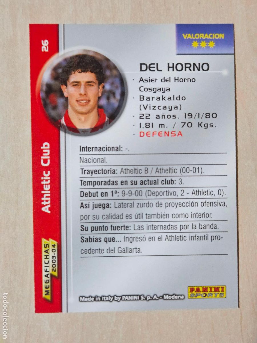 Cartes &agrave; collectionner de Football: CROMO N&ordm; 26 DEL HORNO - MEGAFICHAS 2003 04 - ATHLETIC DE BILBAO