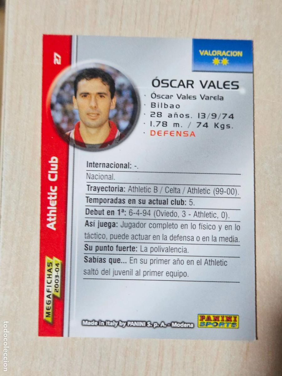 Cartes &agrave; collectionner de Football: CROMO N&ordm; 27 OSCAR VALES - MEGAFICHAS 2003 04 - ATHLETIC DE BILBAO