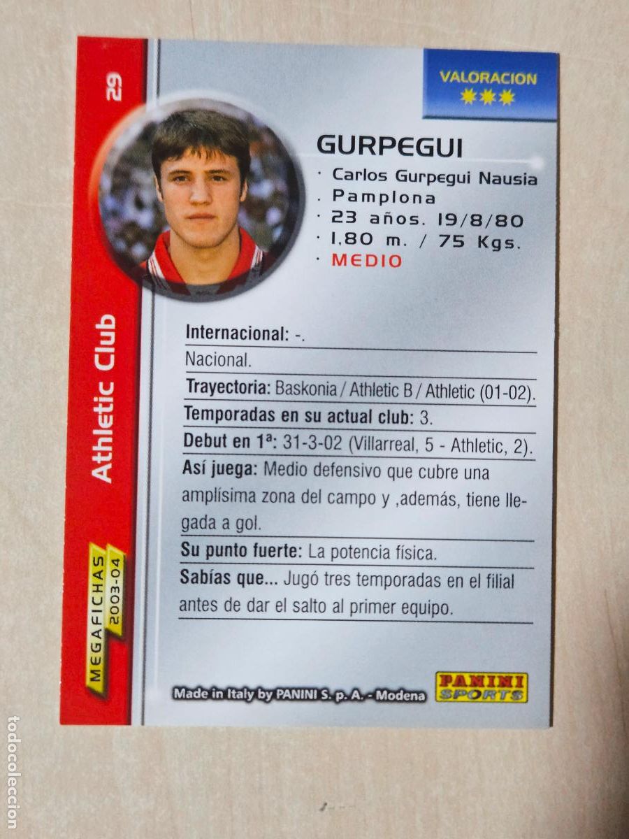 Cartes &agrave; collectionner de Football: CROMO N&ordm; 29 GURPEGUI - MEGAFICHAS 2003 04 - ATHLETIC DE BILBAO