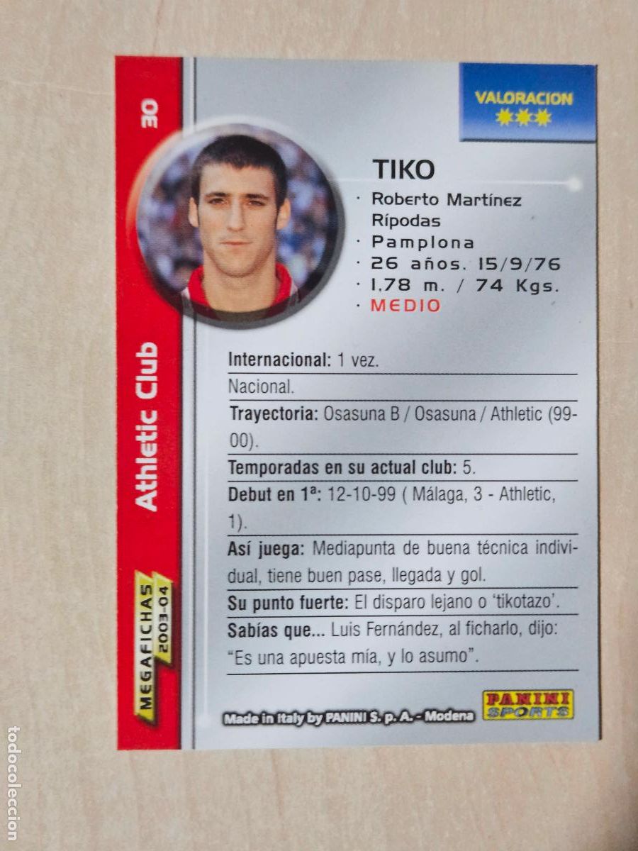 Cartes &agrave; collectionner de Football: CROMO N&ordm; 30 TIKO - MEGAFICHAS 2003 04 - ATHLETIC DE BILBAO
