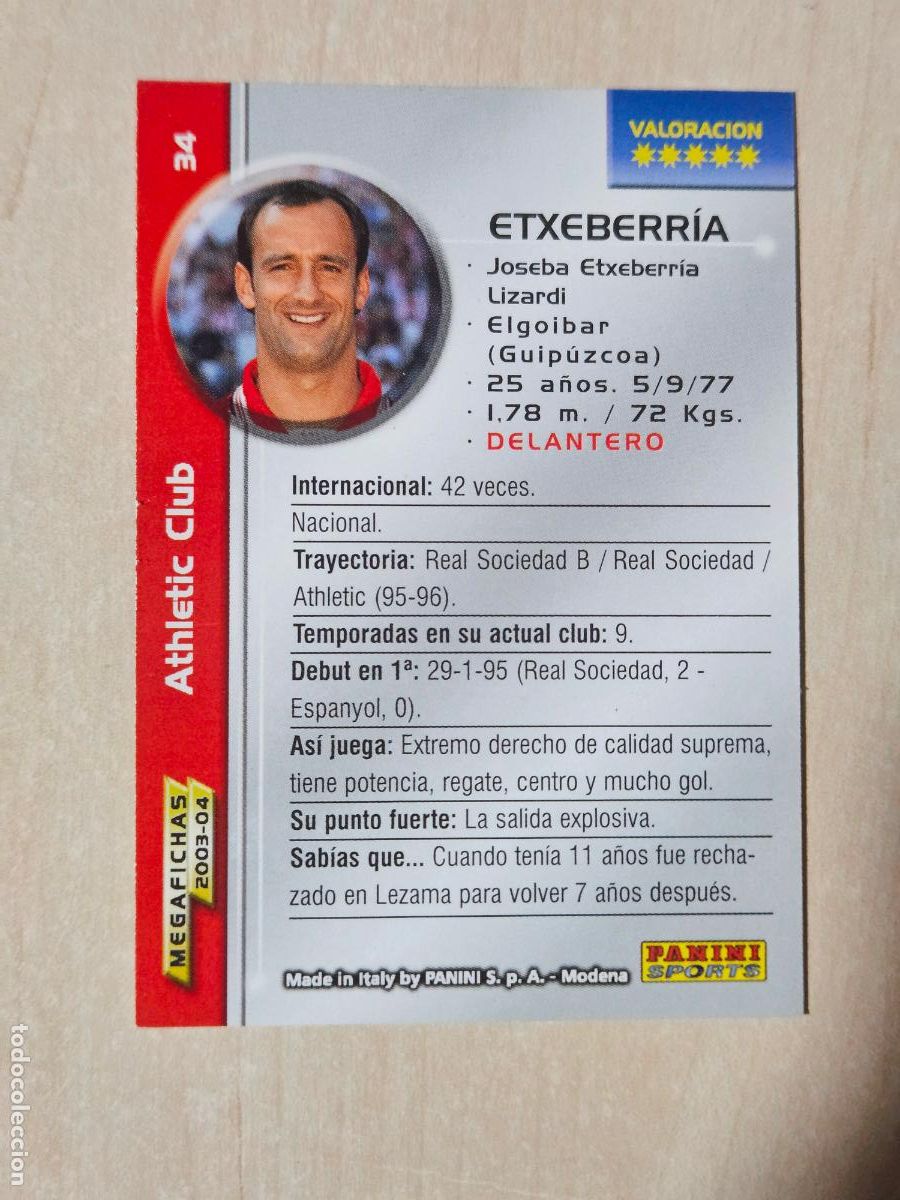 Cartes &agrave; collectionner de Football: CROMO N&ordm; 34 ETXEBERRIA - MEGAFICHAS 2003 04 - ATHLETIC DE BILBAO