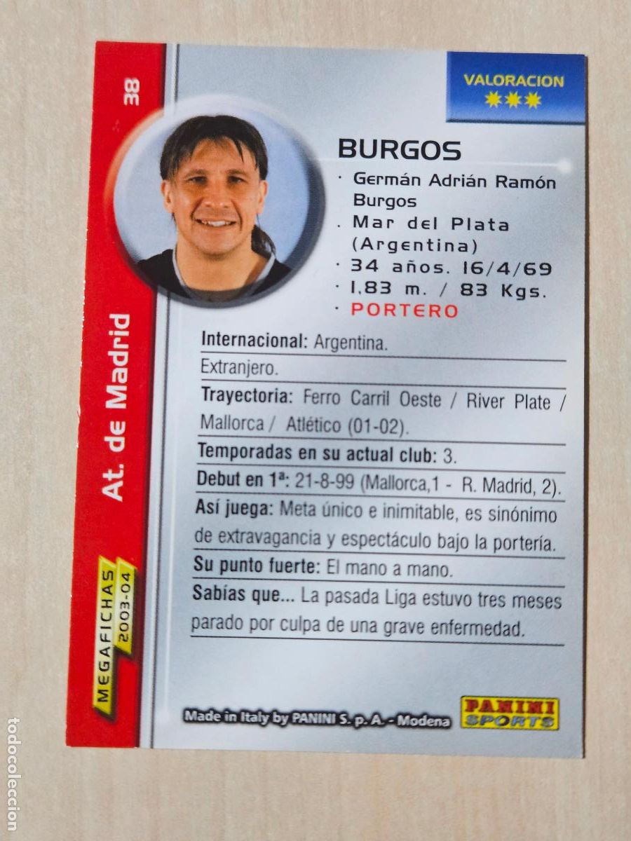 Cromos de F&uacute;tbol: CROMO N&ordm; 38 BURGOS - MEGAFICHAS 2003 04 - ATLETICO DE MADRID