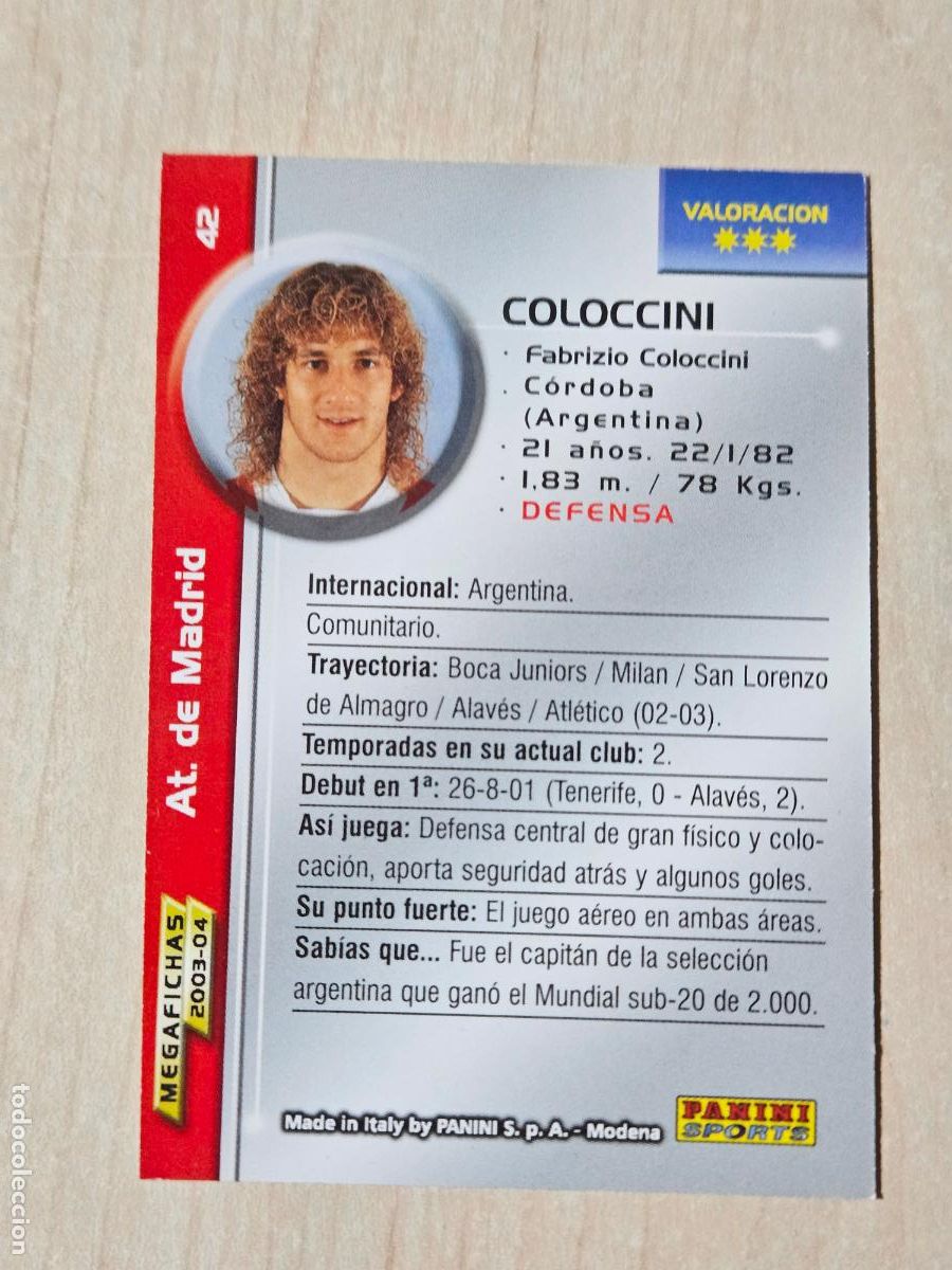 Cromos de F&uacute;tbol: CROMO N&ordm; 42 COLOCCINI - MEGAFICHAS 2003 04 - ATLETICO DE MADRID