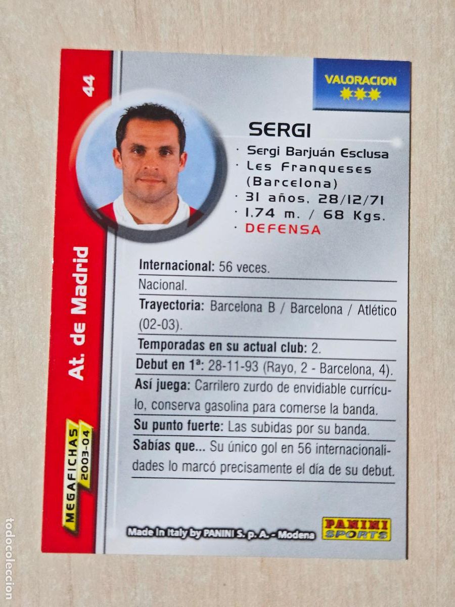 Cartes &agrave; collectionner de Football: CROMO N&ordm; 44 SERGI - MEGAFICHAS 2003 04 - ATLETICO DE MADRID