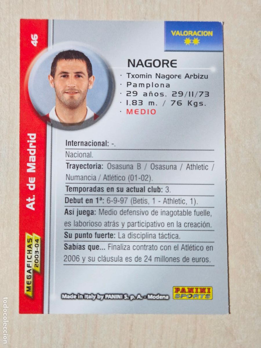 Cartes &agrave; collectionner de Football: CROMO N&ordm; 46 NAGORE - MEGAFICHAS 2003 04 - ATLETICO DE MADRID