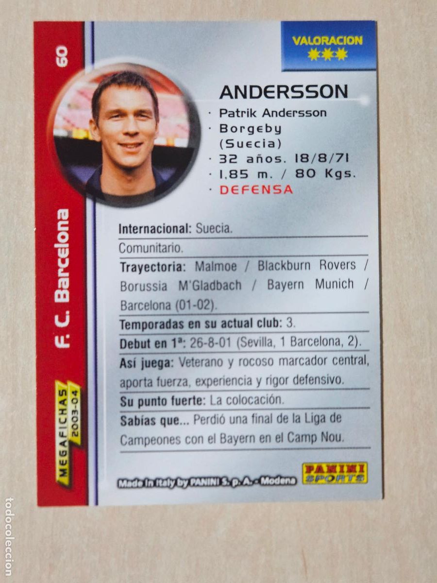 Cartes &agrave; collectionner de Football: CROMO N&ordm; 60 ANDERSSON - MEGAFICHAS 2003 04 - BARCELONA