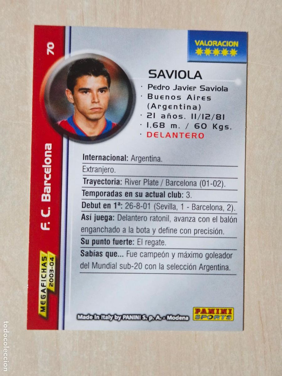 Cartes &agrave; collectionner de Football: CROMO N&ordm; 70 SAVIOLA - MEGAFICHAS 2003 04 - BARCELONA