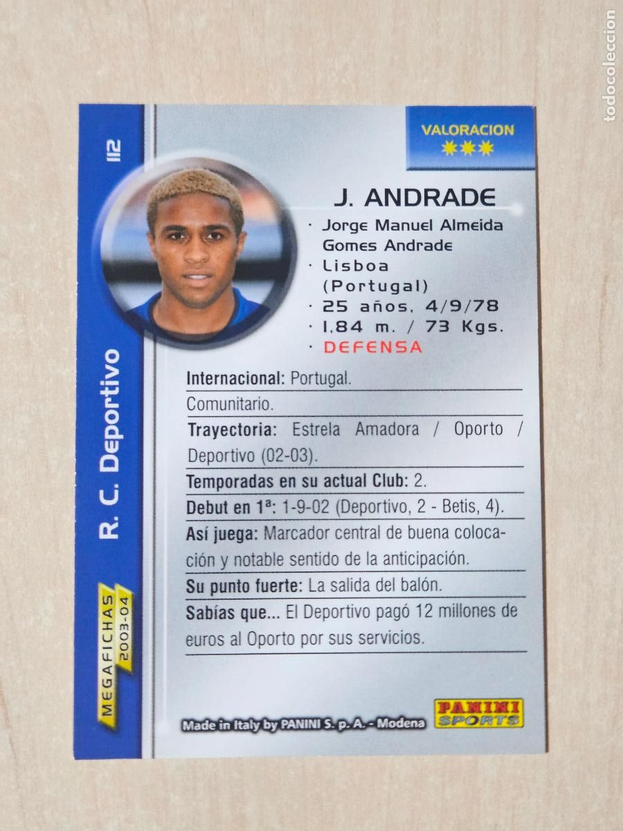 Football Stickers: CROMO N&ordm; 112 JORGE ANDRADE - MEGAFICHAS 2003 04 - DEPORTIVO DE LA CORU&Ntilde;A