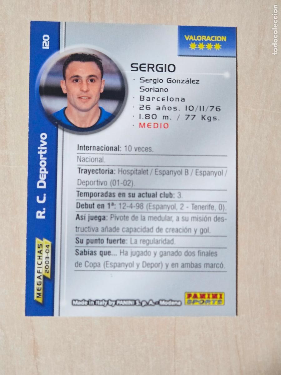 Cartes &agrave; collectionner de Football: CROMO N&ordm; 120 SERGIO - MEGAFICHAS 2003 04 - DEPORTIVO DE LA CORU&Ntilde;A