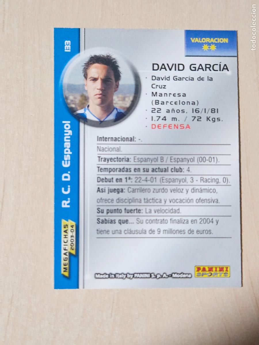 Football Stickers: CROMO N&ordm; 133 DAVID GARCIA - MEGAFICHAS 2003 04 - ESPANYOL