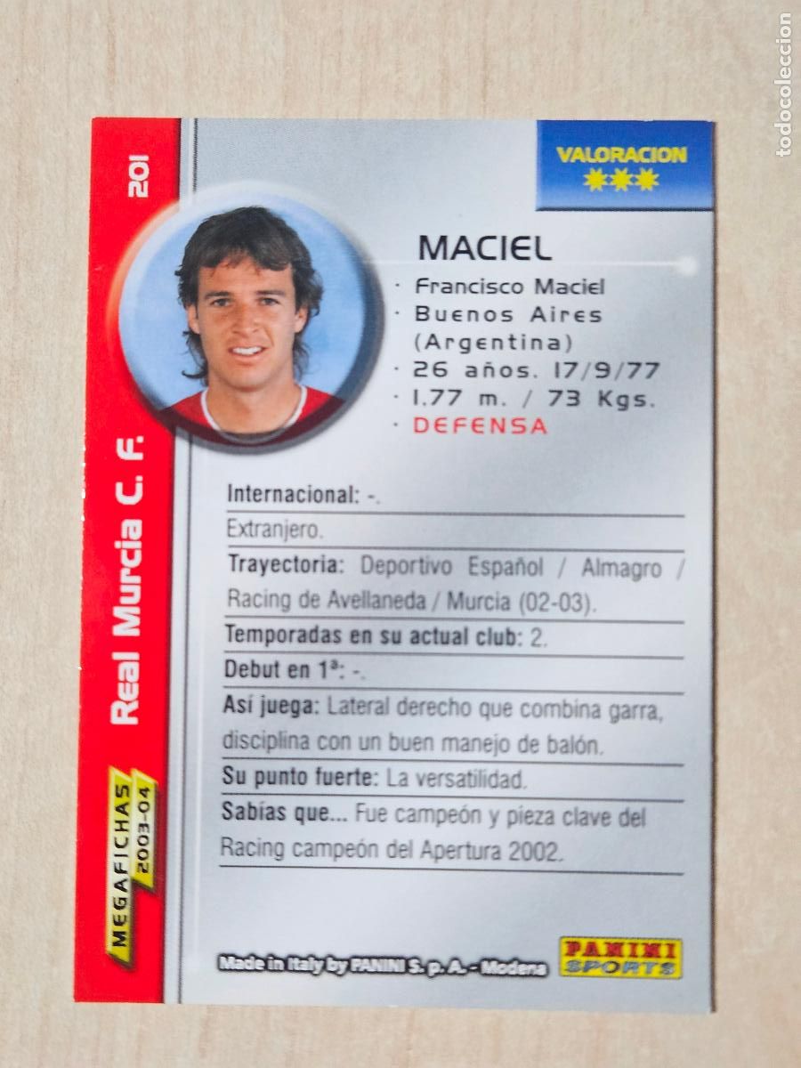 Cromos de Futebol: CROMO N&ordm; 201 MACIEL - MEGAFICHAS 2003 04 - REAL MURCIA