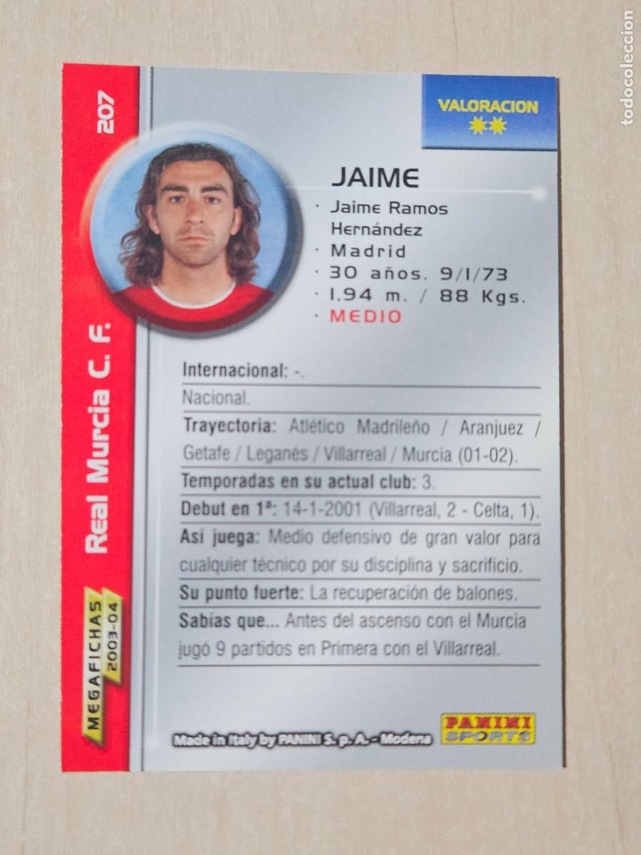Cromos de Futebol: CROMO N&ordm; 207 JAIME - MEGAFICHAS 2003 04 - REAL MURCIA