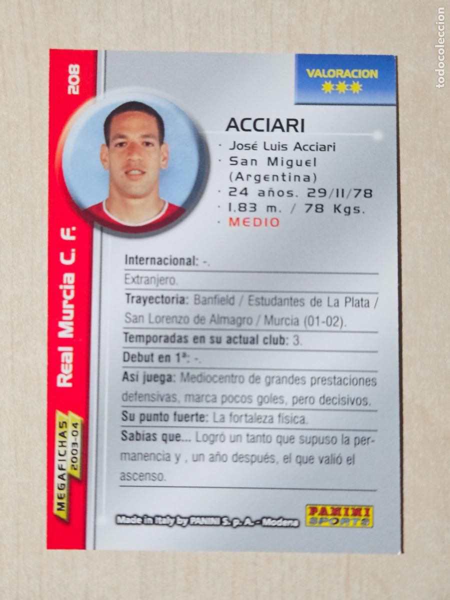 Cromos de Futebol: CROMO N&ordm; 208 ACCIARI - MEGAFICHAS 2003 04 - REAL MURCIA