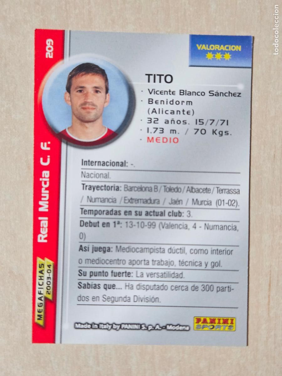 Cromos de Futebol: CROMO N&ordm; 209 TITO - MEGAFICHAS 2003 04 - REAL MURCIA
