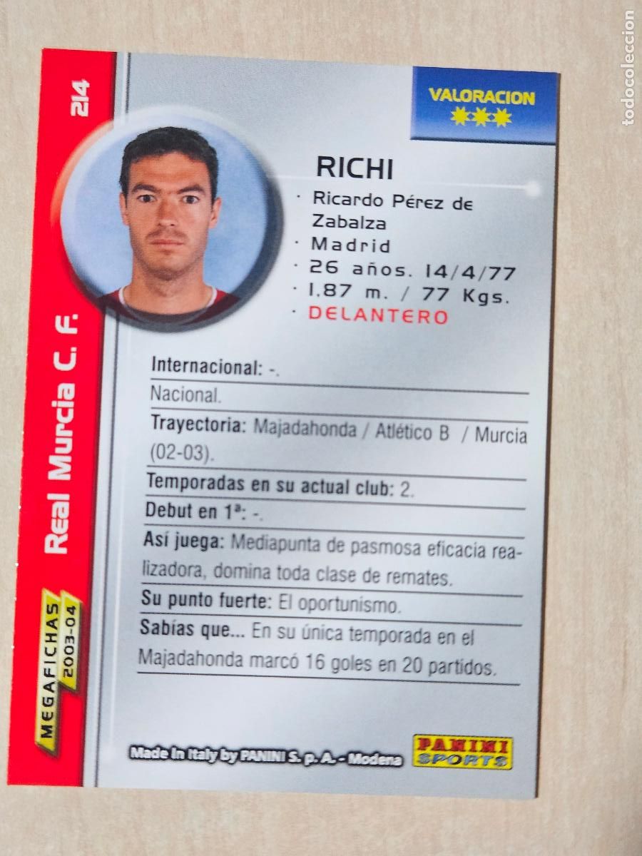 Cromos de Futebol: CROMO N&ordm; 214 RICHI - MEGAFICHAS 2003 04 - REAL MURCIA