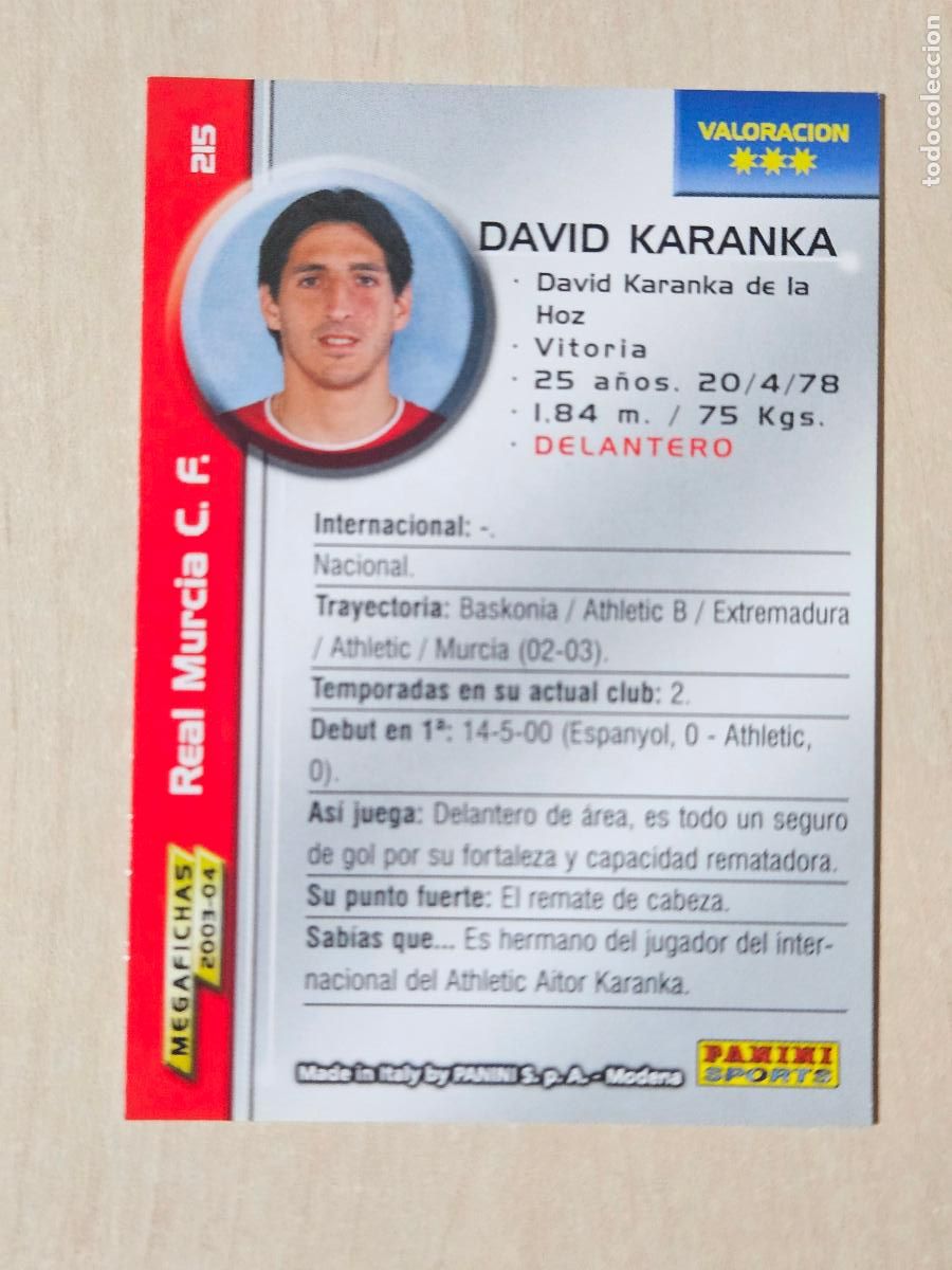 Cromos de Futebol: CROMO N&ordm; 215 DAVID KARANKA - MEGAFICHAS 2003 04 - REAL MURCIA