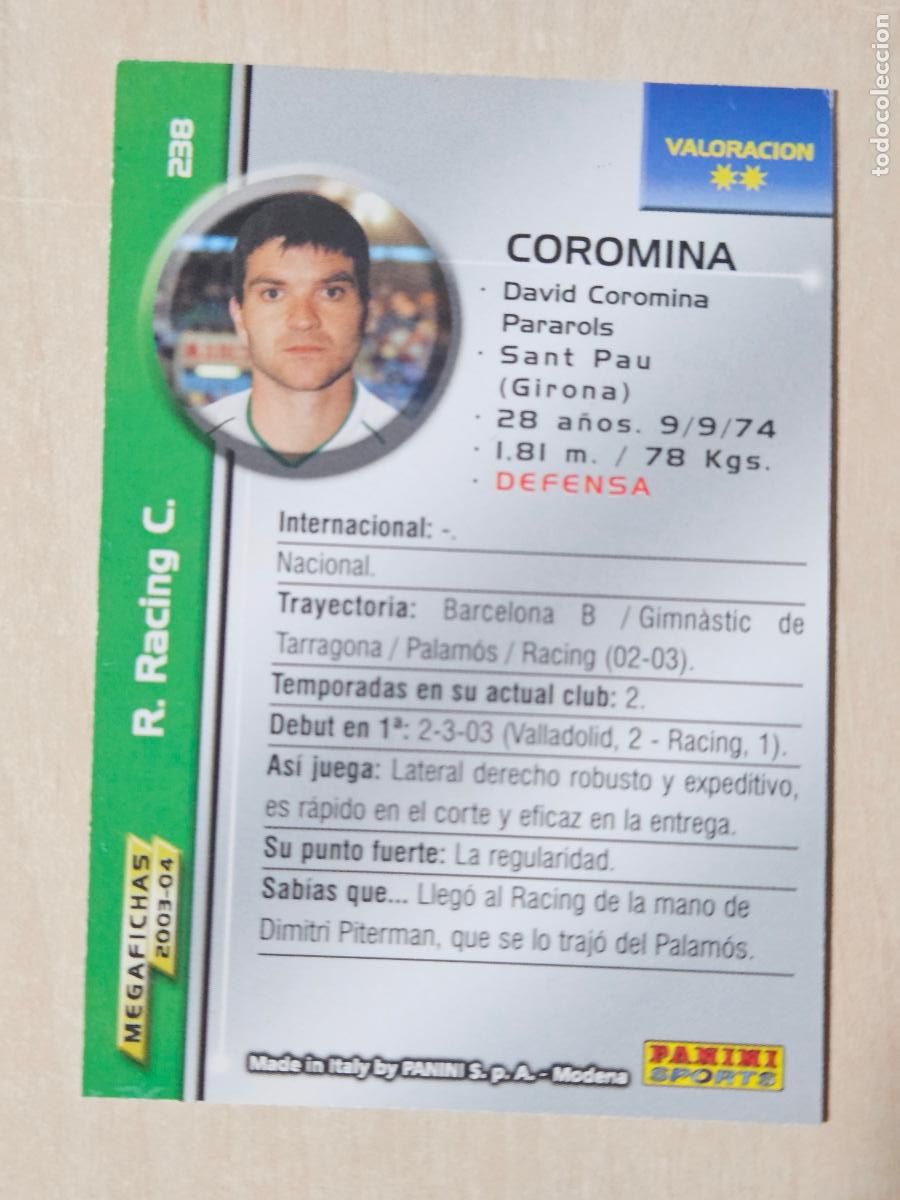 Football Stickers: CROMO N&ordm; 238 COROMINA - MEGAFICHAS 2003 04 - RACING DE SANTANDER
