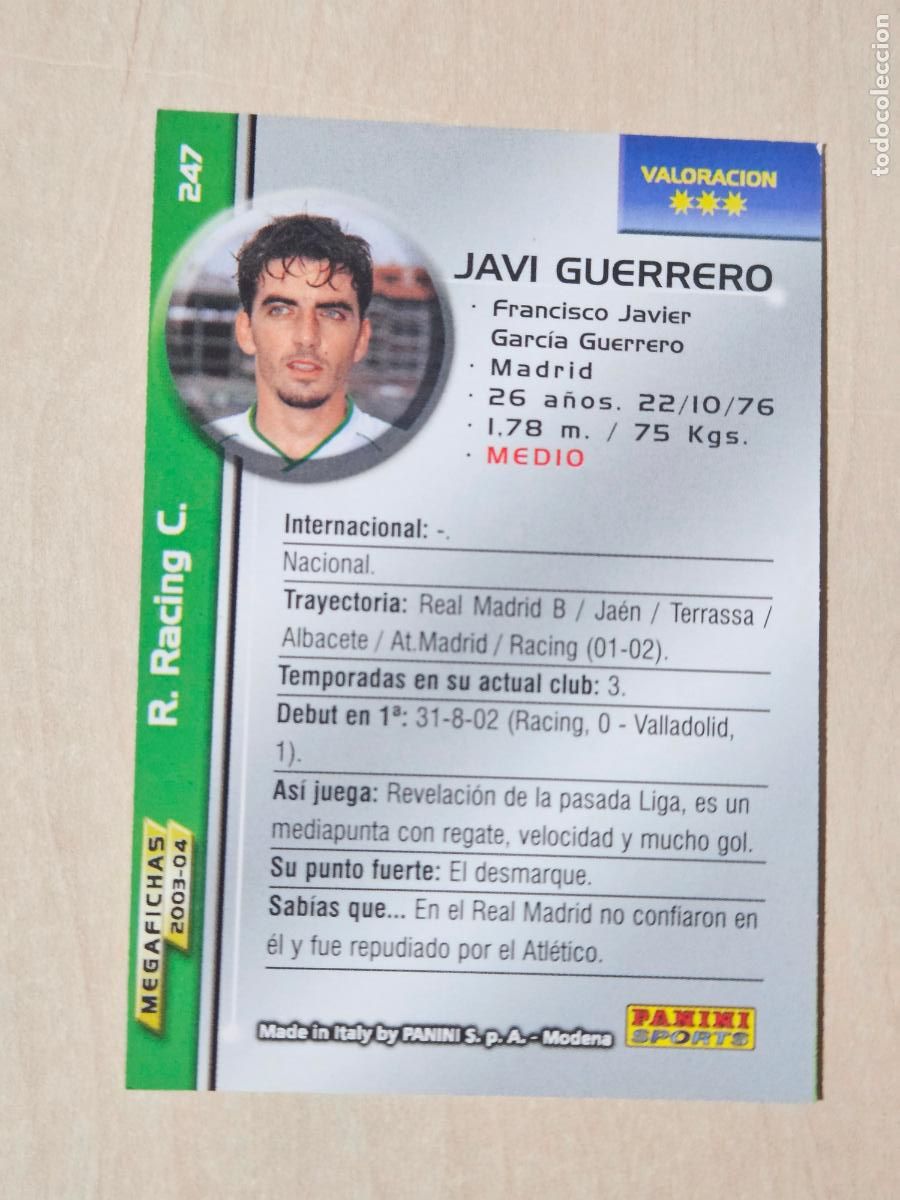 Football Stickers: CROMO N&ordm; 247 JAVI GUERRERO - MEGAFICHAS 2003 04 - RACING DE SANTANDER