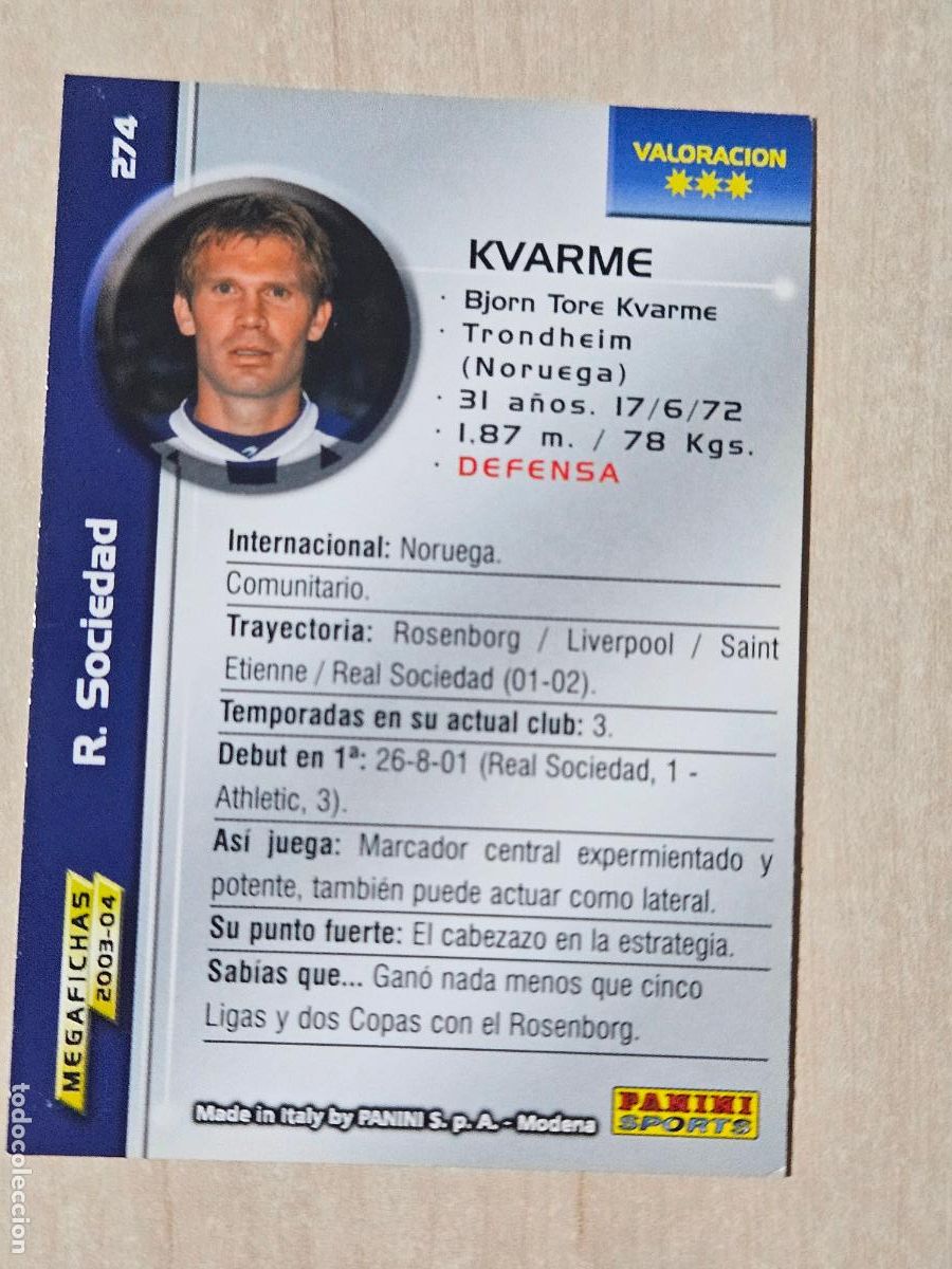 Cromos de F&uacute;tbol: CROMO N&ordm; 274 KVARME - MEGAFICHAS 2003 04 - REAL SOCIEDAD