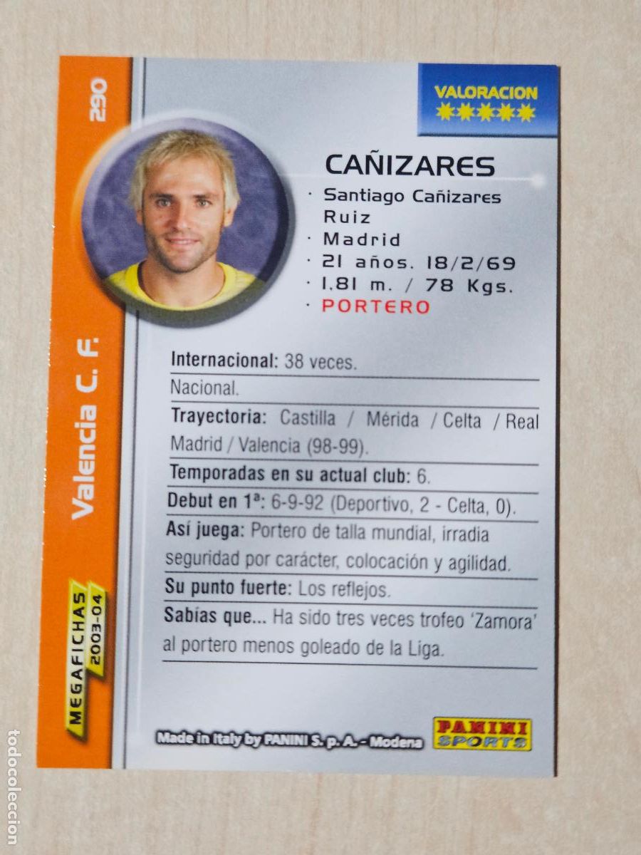 Cromos de F&uacute;tbol: CROMO N&ordm; 290 CA&Ntilde;IZARES - MEGAFICHAS 2003 04 - VALENCIA