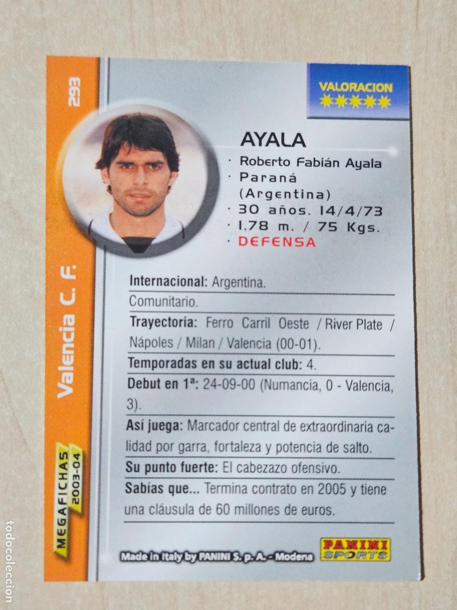 Cromos de F&uacute;tbol: CROMO N&ordm; 293 AYALA - MEGAFICHAS 2003 04 - VALENCIA
