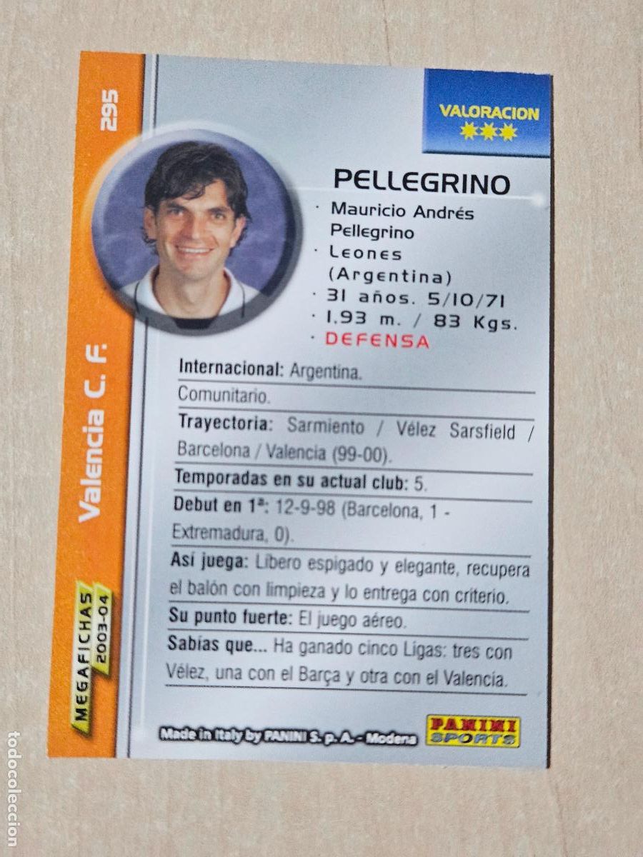 Cromos de F&uacute;tbol: CROMO N&ordm; 295 PELLEGRINO - MEGAFICHAS 2003 04 - VALENCIA