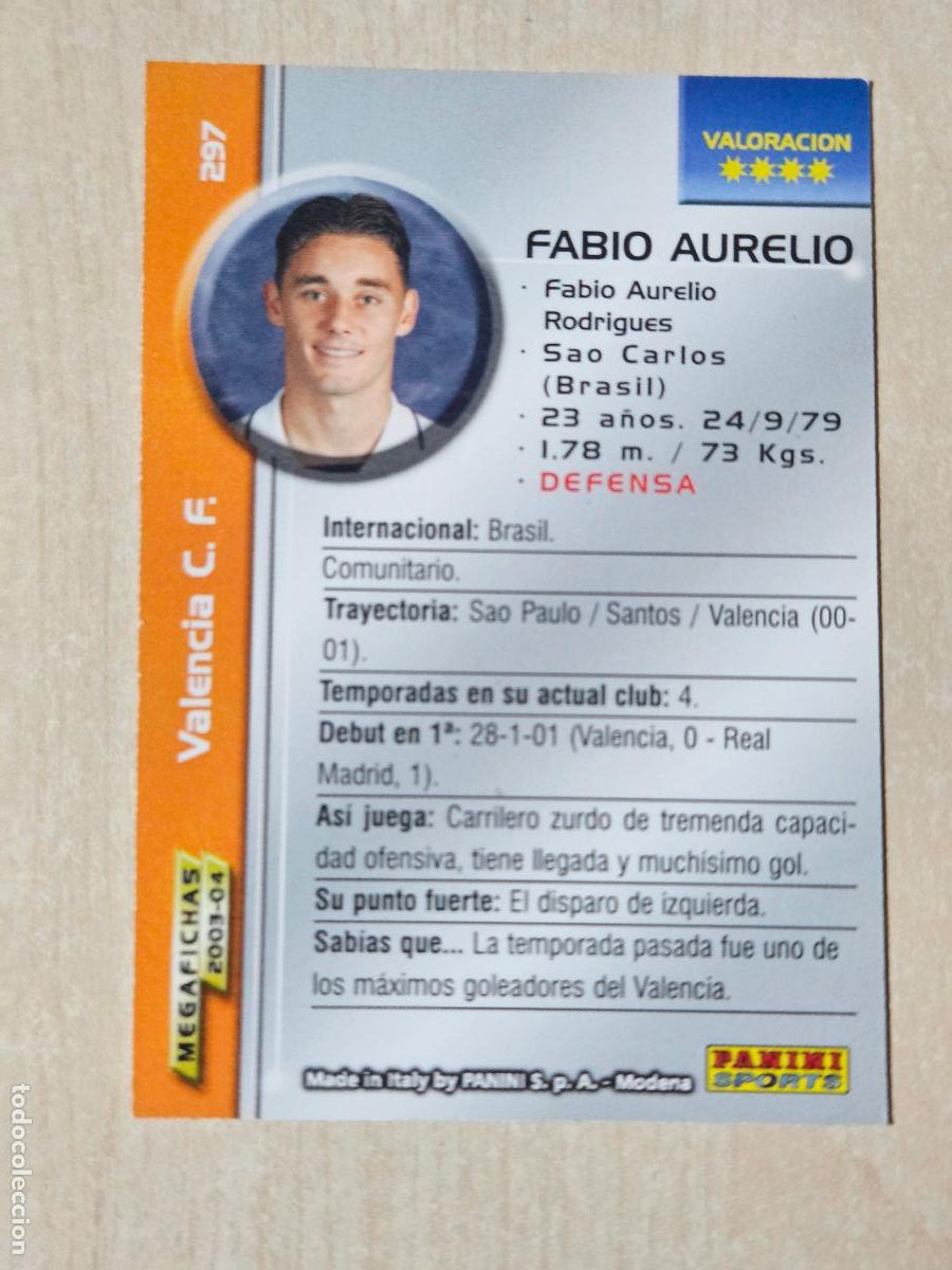 Cromos de F&uacute;tbol: CROMO N&ordm; 297 FABIO AURELIO - MEGAFICHAS 2003 04 - VALENCIA