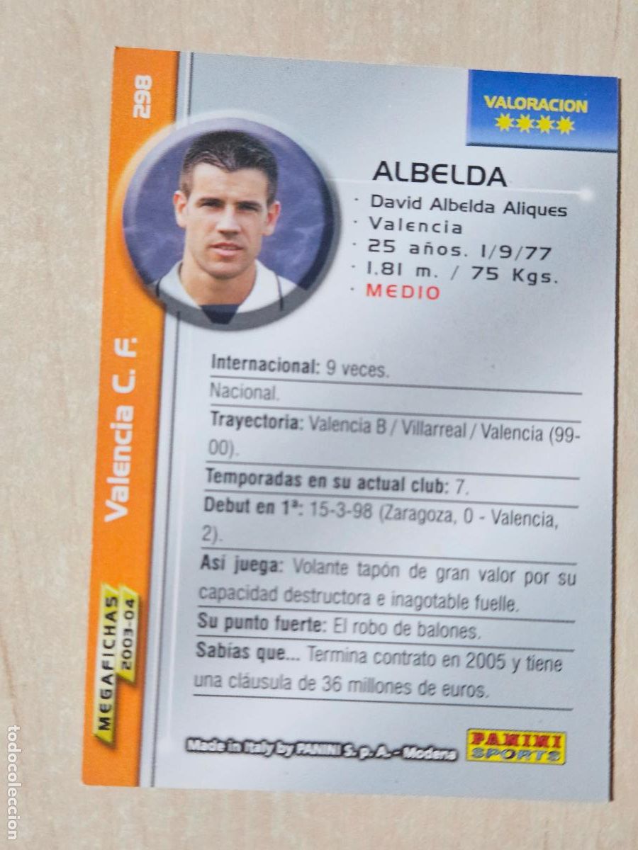Cromos de F&uacute;tbol: CROMO N&ordm; 298 ALBELDA - MEGAFICHAS 2003 04 - VALENCIA