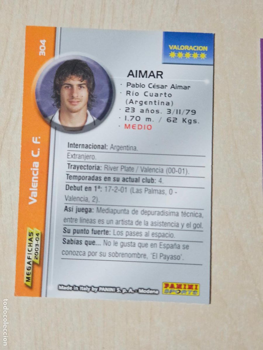 Cromos de F&uacute;tbol: CROMO N&ordm; 304 PABLO AIMAR - MEGAFICHAS 2003 04 - VALENCIA