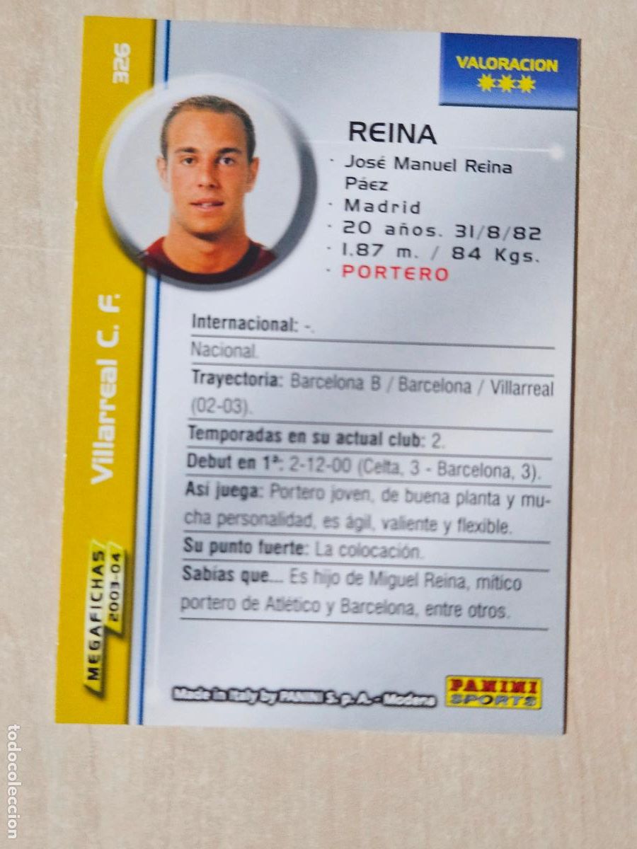 Cromos de F&uacute;tbol: CROMO N&ordm; 326 REINA - MEGAFICHAS 2003 04 - VILLARREAL