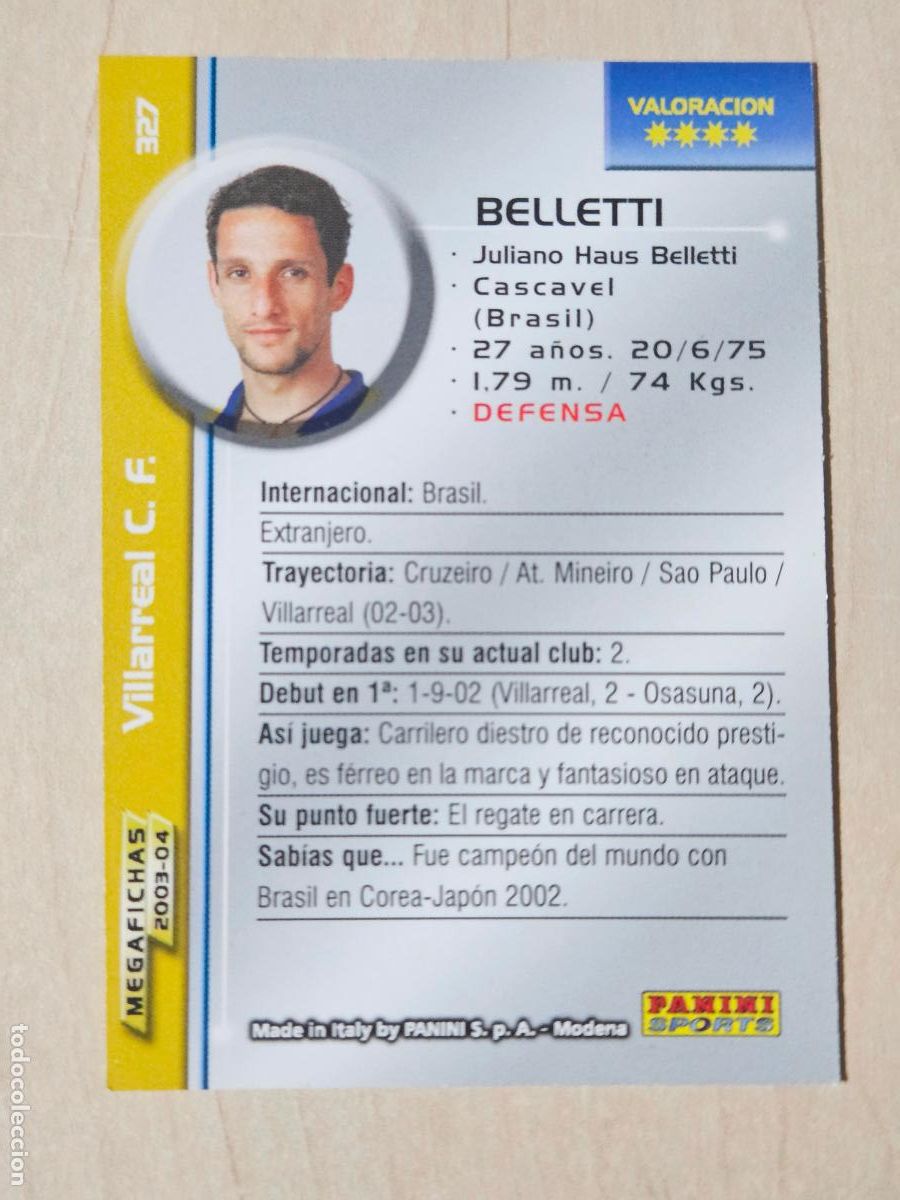 Cromos de F&uacute;tbol: CROMO N&ordm; 327 BELLETTI - MEGAFICHAS 2003 04 - VILLARREAL