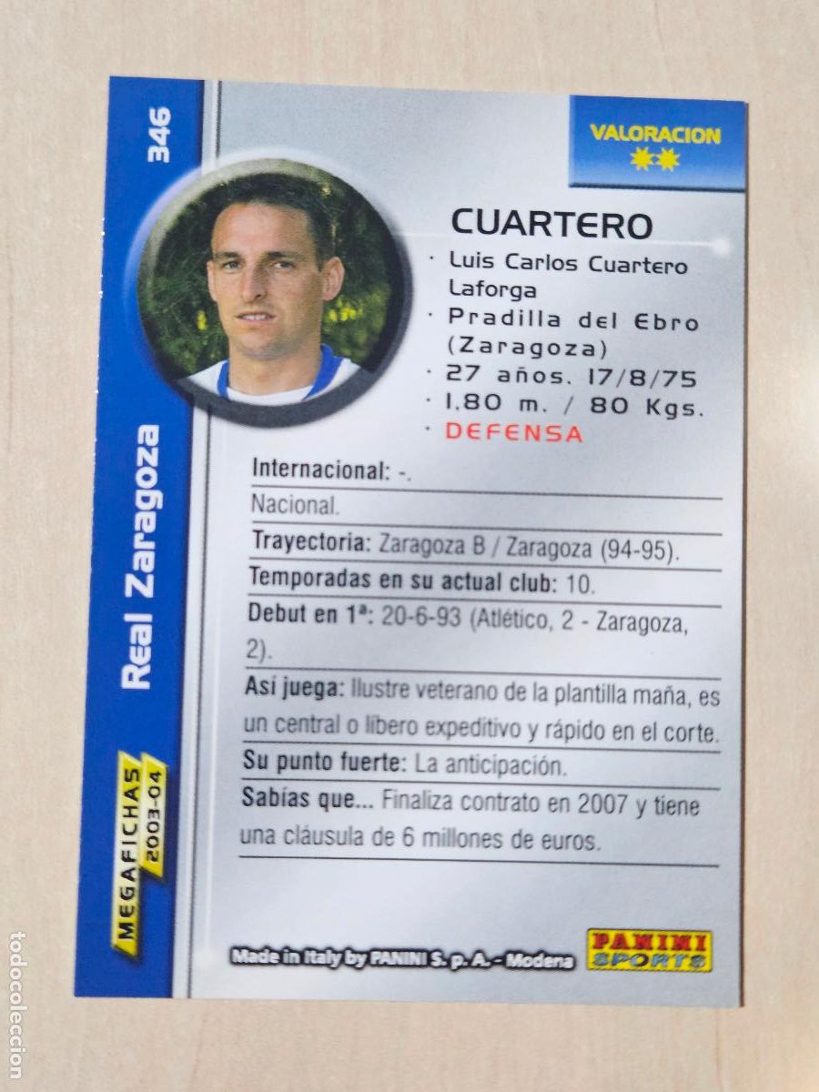 Figurine di Calcio: CROMO N&ordm; 346 CUARTERO - MEGAFICHAS 2003 04 - REAL ZARAGOZA