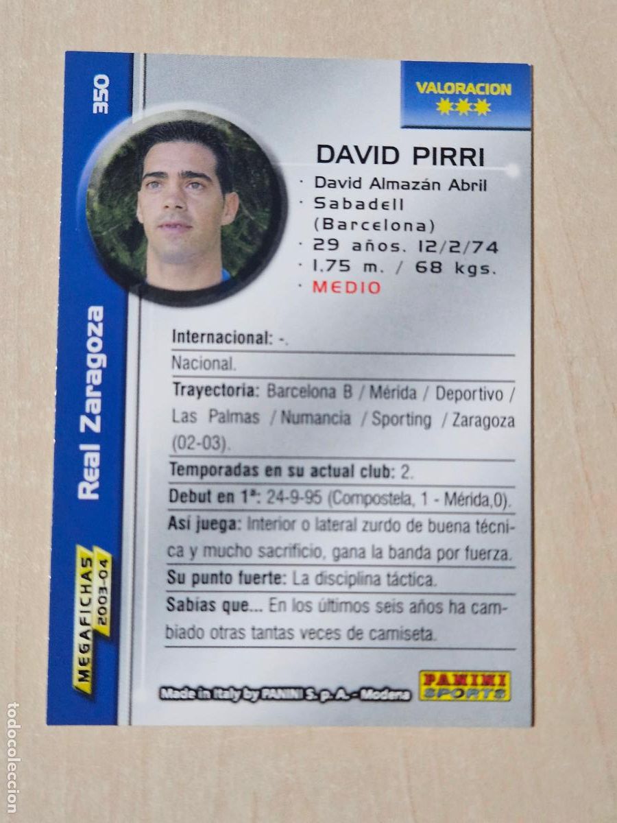 Fu&szlig;ball-Sticker: CROMO N&ordm; 350 DAVID PIRRI - MEGAFICHAS 2003 04 - REAL ZARAGOZA