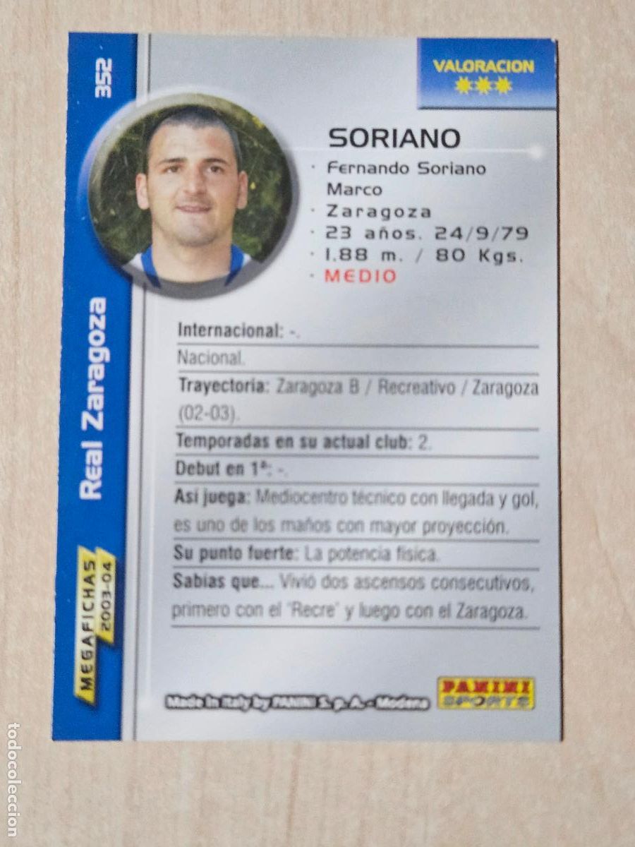 Cromos de F&uacute;tbol: CROMO N&ordm; 352 SORIANO - MEGAFICHAS 2003 04 - REAL ZARAGOZA