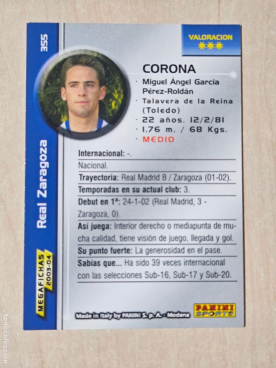 Cromos de F&uacute;tbol: CROMO N&ordm; 355 CORONA - MEGAFICHAS 2003 04 - REAL ZARAGOZA