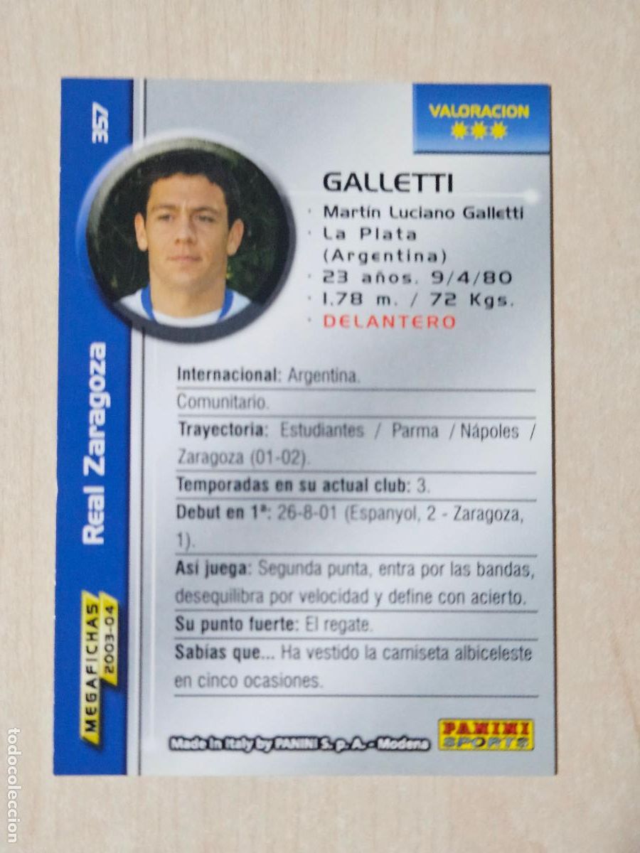Cromos de F&uacute;tbol: CROMO N&ordm; 357 GALLETTI - MEGAFICHAS 2003 04 - REAL ZARAGOZA