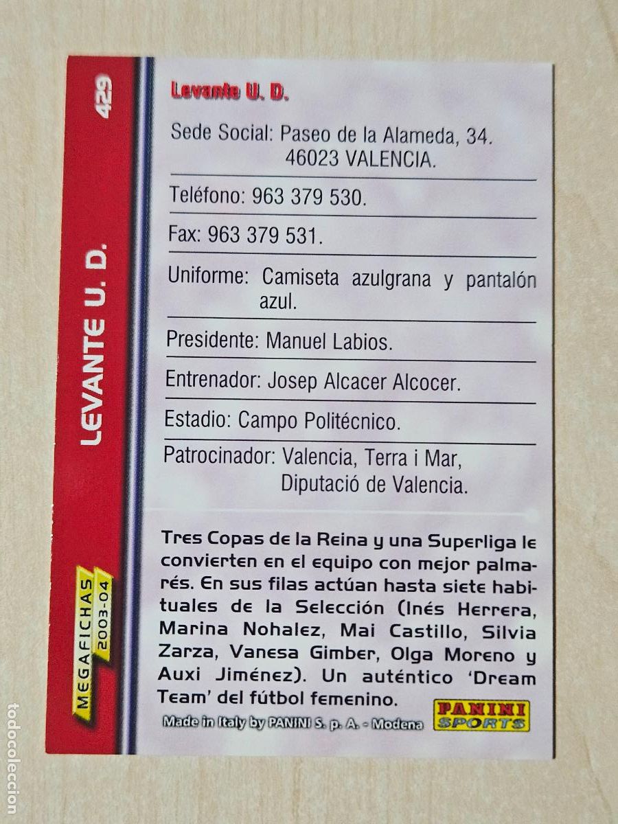 Cromos de F&uacute;tbol: CROMO N&ordm; 429 LEVANTE - MEGAFICHAS 2003 04 - SUPERLIGA FEMENINA - JOSEP ALCACER ALCOCER